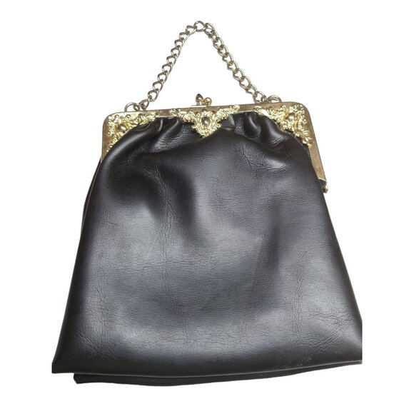 Vintage Black Faux Leather Handbag Purse With Gold Chain Strap Filigree Hardware - Picture 1 of 6